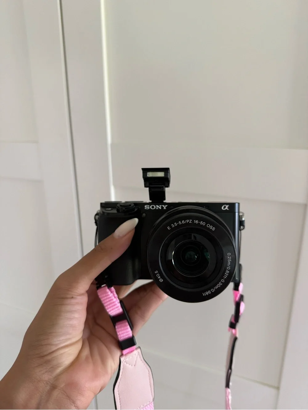 Sony Alpha a6100 APS-C Mirrorless Camera in Black with Pink Strap